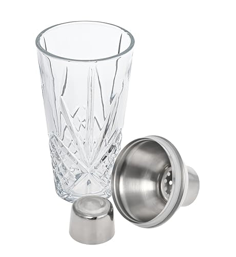 Glass Cocktail Shaker, Martini Shaker with Stainless Steel Lid & Strainer, Bartender Professional Bar Mixing Glass Pitcher Tool Set for Stirring Cocktails, Margarita, Whiskey, Alcohol Drinks, 16oz.