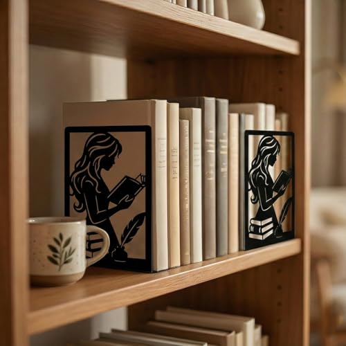 2 Pcs Metal Bookends, Unique Decorative Bookends with Reading Theme Cute Black Book Stopper for Multiple Home Styles Reading Room - style: Reading Girl