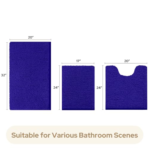 HOMEIDEAS 3 Pieces Bathroom Rugs, Ultra Soft Non Slip Absorbent Chenille Toilet Bath Mat Set (Royal Blue) - color: Blue-royal Blue, size: 17"x24"+20"x32"+U Shape 20"x24"