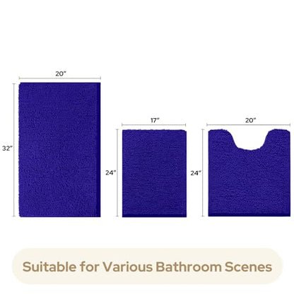 HOMEIDEAS 3 Pieces Bathroom Rugs, Ultra Soft Non Slip Absorbent Chenille Toilet Bath Mat Set (Royal Blue) - color: Blue-royal Blue, size: 17"x24"+20"x32"+U Shape 20"x24"