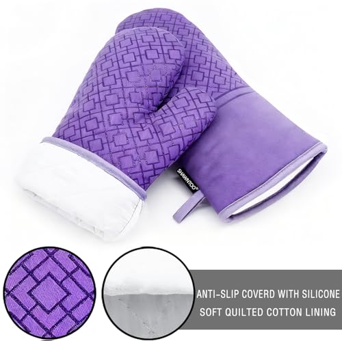 Oven Mitts and Pot Holders Sets 6pcs, Kitchen Oven Glove,High Heat Resistant 550 Degree Extra Long Oven Mitts and Potholders with Non-Slip Silicone Surface for Home Essentials (Grey) (Purple) - color: Purple