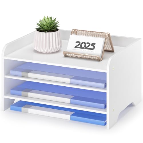 Bamboo File Organizer for Desk, Paper Tray with Pen Holder | Open tiers and a pen holder sort Letter/A4 paper, folders and office supplies while keeping your workspace clutter-free - color: White, size: 4 Tier