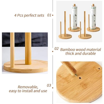 4 Pcs Bamboo Paper Towel Holder, Natural Bamboo Wooden Countertop Standing Paper Towel Holder, Free-Standing Kitchen Roll Hanger Rack for Dining Table Bathroom Bedroom Living Room - color: 4pcs Set