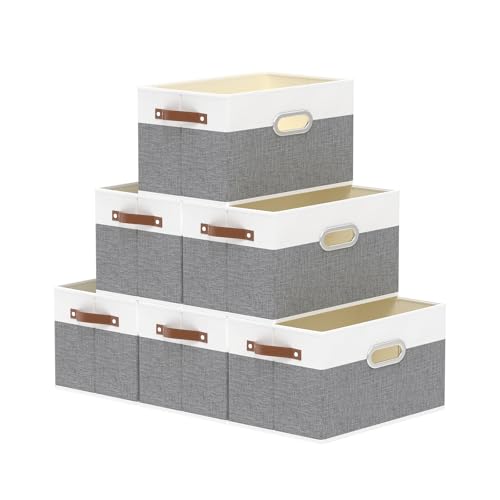 Yawinhe Fabric Storage Baskets,13.0x9.1x7.9in,White/Grey,6-Pack | Foldable Storage Bins for Shelves, Closet Bins for Organization, Collapsible Storage Baskets for Towels, Rectangle Basket - color: White/Grey, size: 12.99x9.05x7.87in/6-Pack