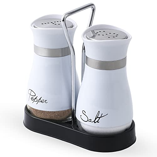 Salt and Pepper Shakers Set | Stainless Steel with Glass Bottle for Table, RV, Camp, BBQ, Set of 2, White - color: White