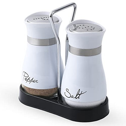 Salt and Pepper Shakers Set | Stainless Steel with Glass Bottle for Table, RV, Camp, BBQ, Set of 2, White - color: White