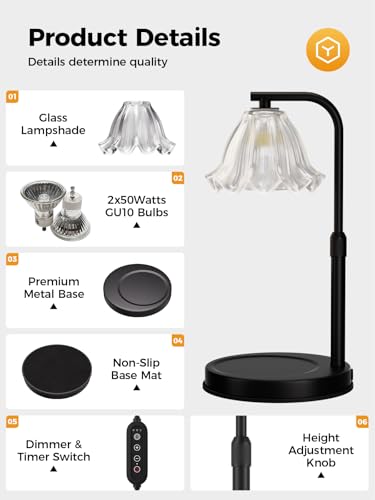 Flower Candle Warmer Lamp with Timer - Adjustable Height for Jar Candles | Metal and glass candle warmer with 4 brightness levels, 2/4/8-hour timer, adjustable 7.08-11.1 in pole and two 50W bulbs - color: New