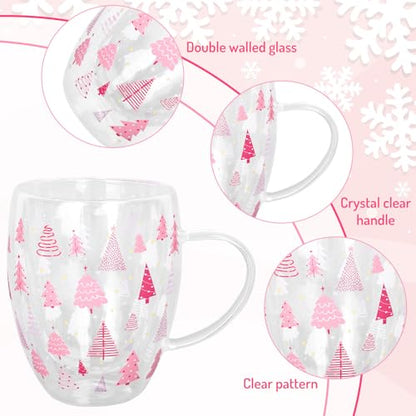 JarThenaAMCS Christmas Double Wall Glass Coffee Mugs 12oz Cute Pink Xmas Tree Insulated Glasses Clear Espresso Cups with Handle for Home Holiday Supplies, Set of 2 - style: Pink Xmas Tree