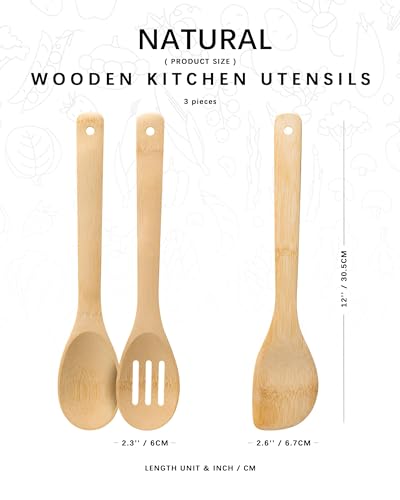 Wooden Spoons for Cooking, 3PCS Wooden Utensil Set Includes Slotted Spoon, Wooden Spoon & Wooden Spatula, Bamboo Cooking Utensils for Non-Stick Pans, Natural Bamboo Utensils | Slotted spoon, solid spoon and spatula handle stirring, draining, flipping and