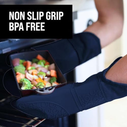 BPA-Free Soft Silicone Oven Mitts - Ultra Heat Resistant Oven Mitts with Thick Cotton Liner - Extra Long Slip Resistant Pot Holders, Flexible Oven Gloves - Navy 14.7" - color: Navy Blue, size: 2-Piece 14.7" Oven Mitts