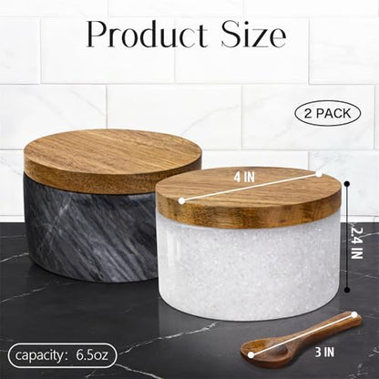 Marble Salt Cellar with Lid & Spoon, Salt Container White & Grey | Acacia Wood Lid, Wide Base with Non-Skid Feet, Moisture Proof Spice Cellars Keeps Salt, Pepper & Spices Dry, 6 oz - color: White & Grey
