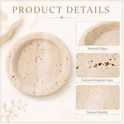 5.5 Inch Small Travertine Stone Tray Marble Jewelry Dish Trinket Tray for Women, Perfume, Coffee Table (Round) - style: Round