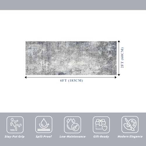 2x6 Non-Slip Washable Kitchen Runner Rug – Modern Coastal Abstract Carpet Runner for Hallway Bedroom Bathroom Laundry Room Entryway – Low-Pile Thin Rubber Backed (Blue Gray 2x6) - color: Blue Gray, size: 2' x 6' (Rectangular)