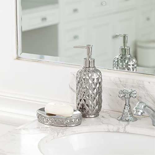 Bathroom Accessories Set, 4-Piece Ceramic Bath Accessory Complete Set with Lotion Dispenser/Soap Pump, Cotton Jar, Soap Dish and Toothbrush Holder (Pineapple Pattern, Silver Grey)