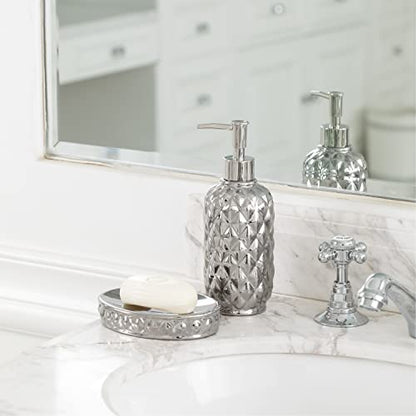 Bathroom Accessories Set, 4-Piece Ceramic Bath Accessory Complete Set with Lotion Dispenser/Soap Pump, Cotton Jar, Soap Dish and Toothbrush Holder (Pineapple Pattern, Silver Grey)