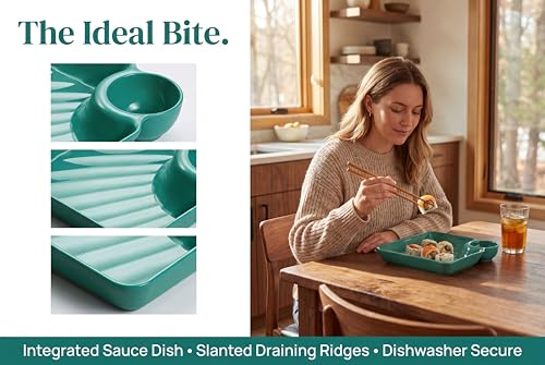 8 Pack Chip and Dip Plates with Sauce Compartment, 4 Colors | 8 reusable divided plates with built-in dip cups for dumplings, fries, sushi, snacks and appetizers.