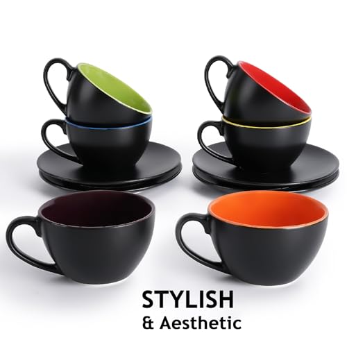 MIAMIO - Set of 6, Ceramic Stackable Cappuccino Cups Set / 6 Ounce Cappuccino Mugs and Saucer with Metal Stand for Coffee Drinks, Cafe, Latte, Americano and Tea - Le Papillon Collection (Mixed) - color: Mixed