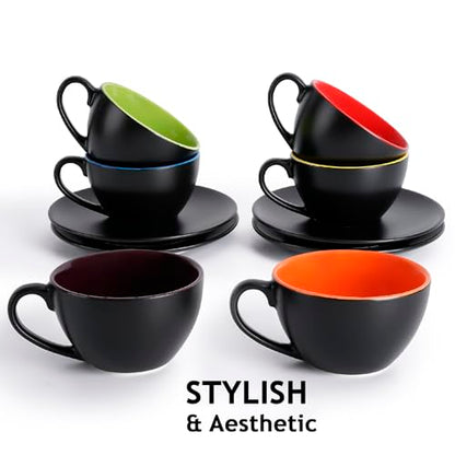 MIAMIO - Set of 6, Ceramic Stackable Cappuccino Cups Set / 6 Ounce Cappuccino Mugs and Saucer with Metal Stand for Coffee Drinks, Cafe, Latte, Americano and Tea - Le Papillon Collection (Mixed) - color: Mixed