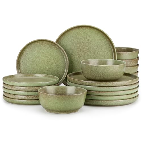 vancasso ZERMATT 18 Pieces Stoneware Dinnerware, Plates and Bowls Set for 6 | Dinnerware Set for 6 in Mossy Green Reactive Glaze Stoneware, Kitchen Dinner Set, Microwave and Dishwasher Safe - color: Mossy Green, size: 18 Pcs (Service for 6)