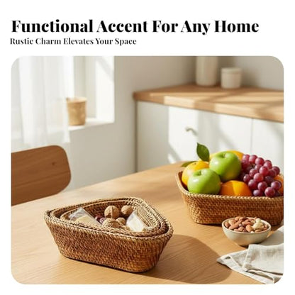 3 Pieces Industrial Basket Triangle Woven Basket Set Nesting Basket Decorative Organizer Serving Basket Rattan Detail suitable for kitchen island, Round Edge SET