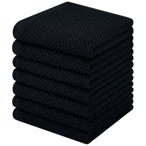 Homaxy 100% Cotton Waffle Weave Kitchen Dish Cloths, 7-Pack, Black | 12 x 12 Inches, Ultra Soft Absorbent Dish Towels, Quick Drying Dish Rags with Hanging Loop - color: Black, size: 12 X 12 - 7 Pack