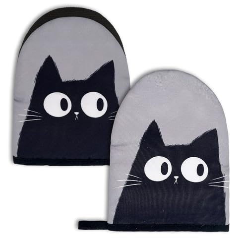 Black Cat Mini Silicone Oven Mitts 2-Pack Set, Heat Slip Resistant Kitchen Gloves, Soft Short Oven Mittens for Safe Cooking Baking Grilling - color: Black Cat