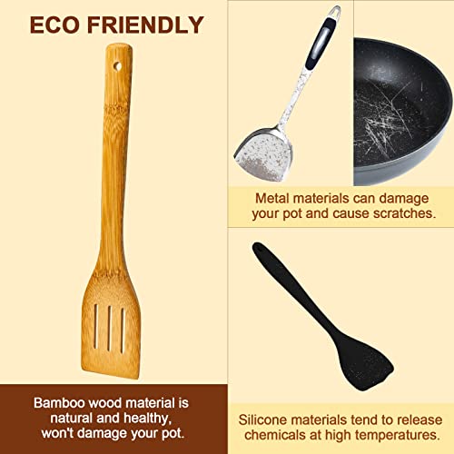 Eisinly Wooden Spoons for Cooking 7-Piece, Kitchen Nonstick Bamboo Cooking Utensils Set, Healthy Bamboo Wooden Spatula Spoon for Cooking - color: Yellow-Bamboo, style: Square-edge