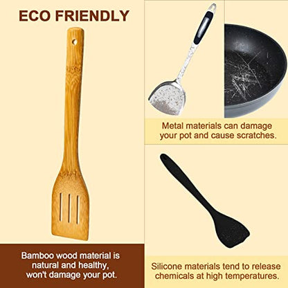 Eisinly Wooden Spoons for Cooking 7-Piece, Kitchen Nonstick Bamboo Cooking Utensils Set, Healthy Bamboo Wooden Spatula Spoon for Cooking - color: Yellow-Bamboo, style: Square-edge