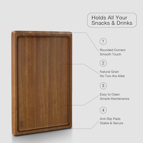 HOSHANHO Acacia Wood Serving Tray 16x10 Charcuterie Board & Non-Slip Pads | Premium Acacia Wood Platter for Cheese, Meat & Snacks, Non-Slip Pads Keep Tray Steady, Ideal for Parties, Dining & Daily Use - size: 16" x 10" x 1"