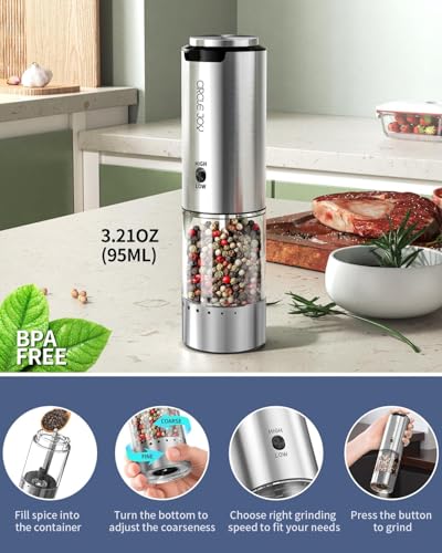 CIRCLE JOY Electric Pepper Grinder Stainless Steel Rechargeable Pepper Mill with Variable Grinding Speed, External Adjustable Coarseness, 95ml Container and White LED Light, Silver - color: 2-Speed Rechargeable