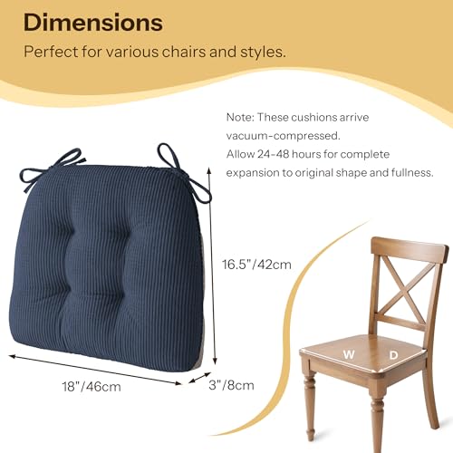 Anti Slip Kitchen Chair Cushions Set of 4 18"X16.5"X3" Blue | Elegant Breathable Textured Fabric, with Ties, Tufted, Thick Polyester Filling, for Dining Chairs, Folding Chairs, Office - color: Blue