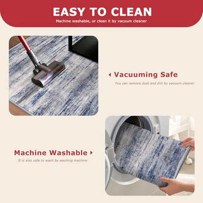 KOZYFLY Modern Abstract Washable Rug Runner 2.6x14 Hallway Rug Runner Non-Slip Soft Kitchen Runner Rugs, Grey-Blue Striped Carpet for Entryway Bathroom Laundry Room Foyer - color: Blue-grey, size: 2'8" x 14' (Runner)