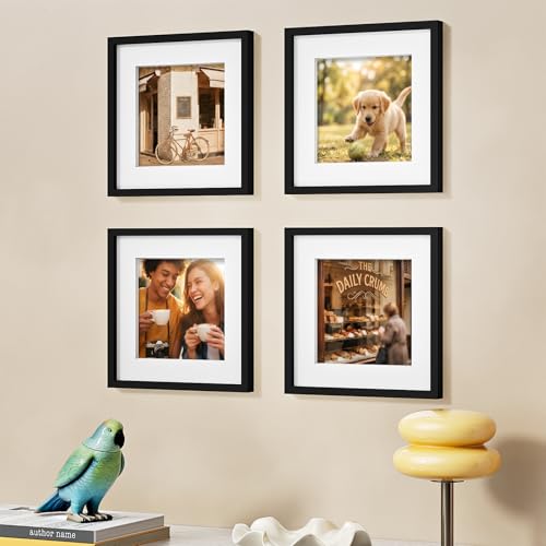 Vittanly Solid Wood 12x12 Picture Frames Set of 4, Black | 8x8 Picture Frame with Mat, Gallery Wall Frame Set, 12 x 12 Frame for Wall Hanging, Family, Pet, Christmas - color: Black, size: 12x12