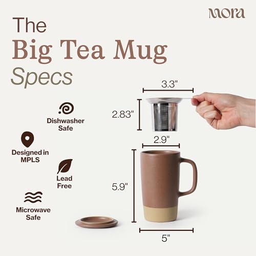 Mora Ceramics Large Tea Mug with Loose Leaf Infuser and Ceramic Lid, 18 oz, Portable, Microwave, Dishwasher Safe, Tall Coffee Cup - Rustic Matte Ceramic Glaze, Modern Herbal Tea Strainer, Terracotta - color: Teracotta