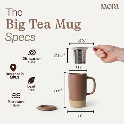 Mora Ceramics Large Tea Mug with Loose Leaf Infuser and Ceramic Lid, 18 oz, Portable, Microwave, Dishwasher Safe, Tall Coffee Cup - Rustic Matte Ceramic Glaze, Modern Herbal Tea Strainer, Terracotta - color: Teracotta