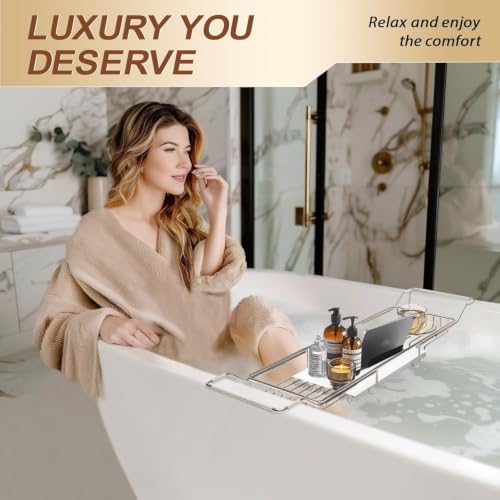 Expandable Stainless Steel Bathtub Caddy Tray with White Marble Board, | Extra Wide Rustproof Shelf, Book Tablet & Wine Glass Stand For Luxury Home Spa(Silver+White) - color: Silver+white