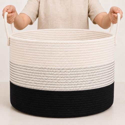 OrganiHaus Round Toy Basket & Blanket Basket, Cotton Rope 20x13" | 3-Toned Black - Round Cotton Rope Basket, 20x13" - color: 3-toned Black, size: Wide