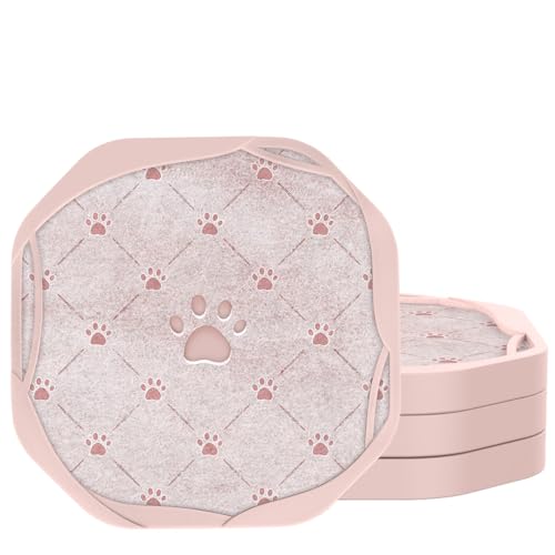 UMIRRO Absorbent Felt & Silicone Drink Coasters Set of 4, Pink Paw Print | Cat Dog Mom Gifts for Women, Pet Lovers, Cute Coffee Table Decor for Home Bar, Kitchen, Diamond Lattice Pattern, Octagon 4" - color: 28. Paw Print, Pink, size: 4 Pack