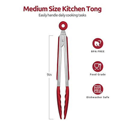 U-Taste 600ºF High Heat 9in Silicone Kitchen Tong and 600ºF Heat Resistat Spatula Spoon Flexible Silicone Cooking Scoop Spoonula (Red)