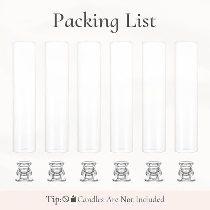 Hurricane Glass Candle Holders: 12" Tall Cylinder Cover Set of 6 | for 0.87" Taper, Windproof Chimney Cover, Clear Candlestick Holder for Wedding Table Centerpiece, Party, Birthday, Christmas - size: 12" H - 6 Pcs