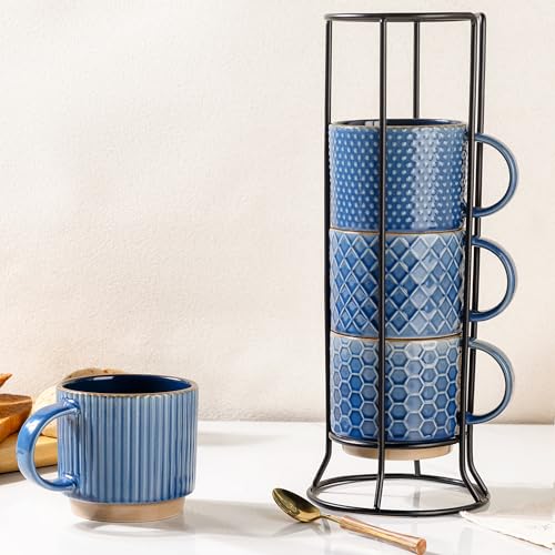 GBhome 12 OZ Stackable Coffee Mugs Set of 4, Ceramic Coffee Cups Set | Coffee Mugs With Stand, Dishwasher&Microwave Safe, 4 Assorted Designs - color: Moonlight Blue, size: 12oz (With Stand)