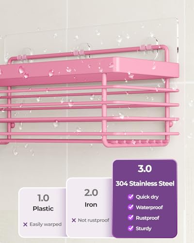 Shower Caddy Adhesive 3 Pack Stainless Steel Storage Organizers-Pink | No drilling wall mounted,rust-resistant,large capacity,quick drainage,easy to clean,suitable for bathrooms and kitchens - color: Pink