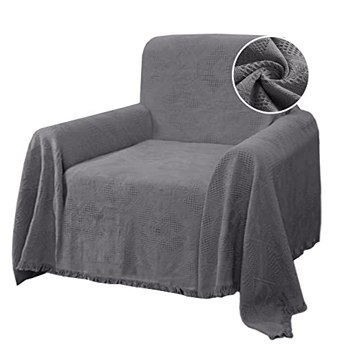 H.VERSAILTEX Cotton Sofa Covers Couch Cover Sofa Slipcover for Most Shape Sofas, Feature Thick Woven Jacquard Seamless with Tassels, Multi-Use Decorative for Couch (Medium: 71" x 91", Grey) - color: Grey, size: Medium