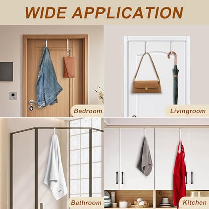 Over The Door Hooks 2 Pack – Heavy Duty Door Hanger Hooks for Hanging Towels, Bags, Robes, Clothes – No Drilling Over Door Hook, Dorm Essentials, Towel Racks for Bathroom, Bedroom, Closet