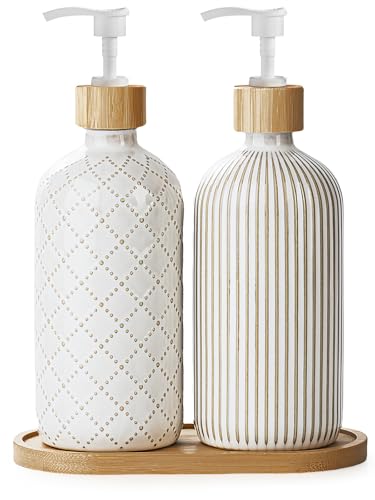 Getstar Hand and Dish Soap Dispenser Set, Ceramic Soap Dispenser for Bathroom and Kitchen with Rust Proof Pump and Bamboo Tray, Set of 2