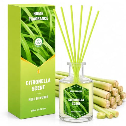 STRN Lemongrass Reed Diffusers, Summer Citronella Reed Diffuser Set, 200ML | Refreshing Scent Diffuser for Indoor & Outdoor, Bathroom, Bedroom, Office