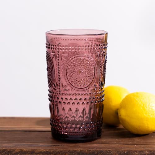 Purple Drinking Glasses Vintage Glassware Set Ribbed Water Glass Cups | Embossed Sunflower Highball, 6 Pack, 16 oz Glassware Set, Housewarming Gifts