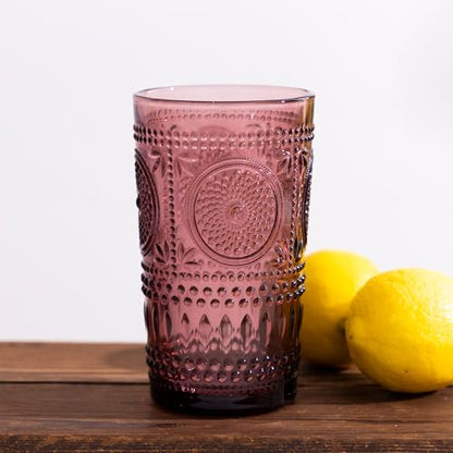Purple Drinking Glasses Vintage Glassware Set Ribbed Water Glass Cups | Embossed Sunflower Highball, 6 Pack, 16 oz Glassware Set, Housewarming Gifts