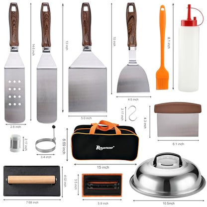ROMANTICIST 29PCS Griddle Accessories Set - Flat Top Teppanyaki Spatula Set with Scraper, Basting Cover for Camp Chef- Home Cooking Griddle and Outdoor BBQ Gifts for Father's Day - style: Brown