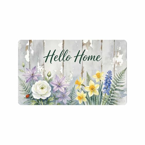 Hello Home Doormat with Sunflower Leaf and Hydrangea, Outside Back Door Mat Rug Front Indoor Outdoor Entrance Porch Dirt Trapper Bathroom Garage House Decorative, Waterproof and Non Slip - color: Hello Home
